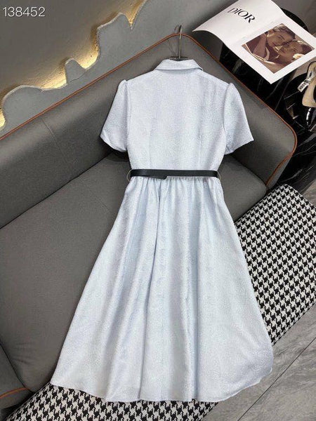 Elegant Collared Short Sleeve Fit & Flare Midi Dress with Waist Belt
