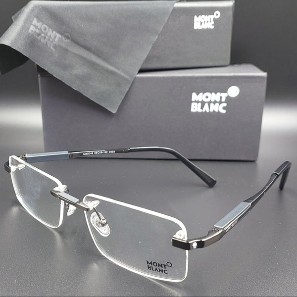 Montblanc eyeglasses with branded case on a reflective surface