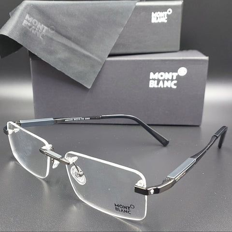 Montblanc eyeglasses with branded case on a reflective surface