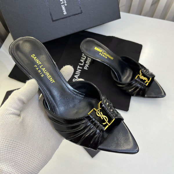 Ruched Open-Toe High-Heeled Mules with Gold Accent