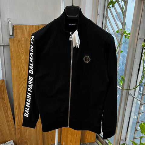 Men Black Zipper Sweatshirt with Text Sleeve Detail