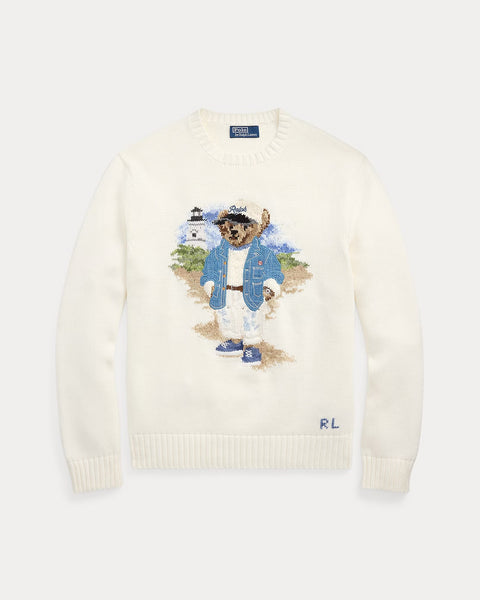 Men Crewneck Sweater with Embroidered Bear Design