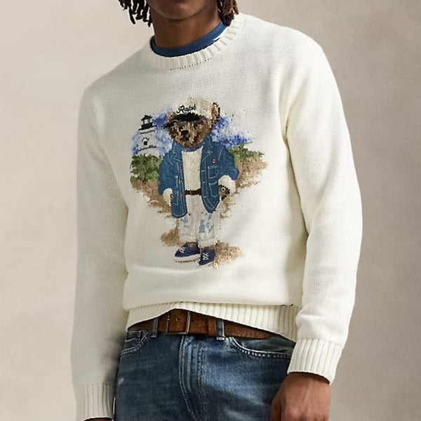 Men Crewneck Sweater with Embroidered Bear Design