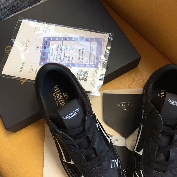 Men Premium All-Black Low-Top Street Sneakers – Bold Monogram Design