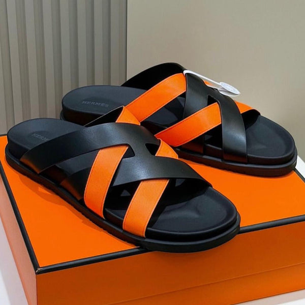 Men Luxury Criss-Cross Slide Sleeper – Black & Orange