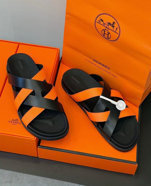 Men Luxury Criss-Cross Slide Sleeper – Black & Orange