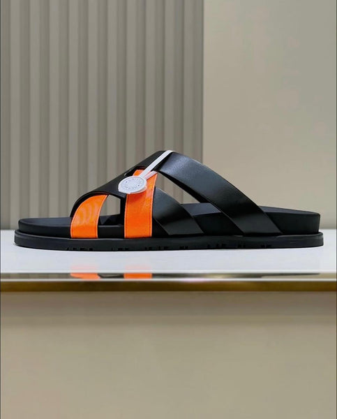 Men Luxury Criss-Cross Slide Sleeper – Black & Orange