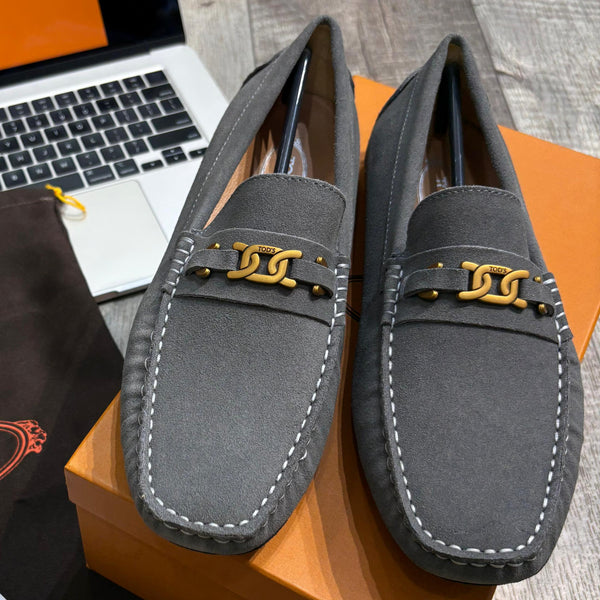 Men Luxury Driving Loafers - Grey Suede with Gold Hardware