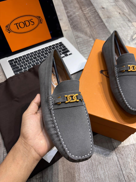 Men Luxury Driving Loafers - Grey Suede with Gold Hardware