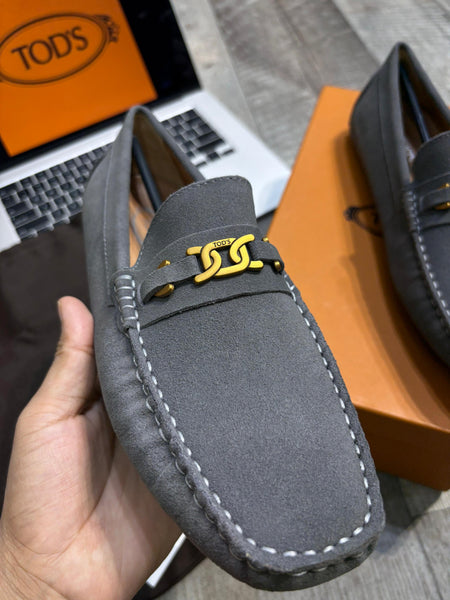 Men Luxury Driving Loafers - Grey Suede with Gold Hardware