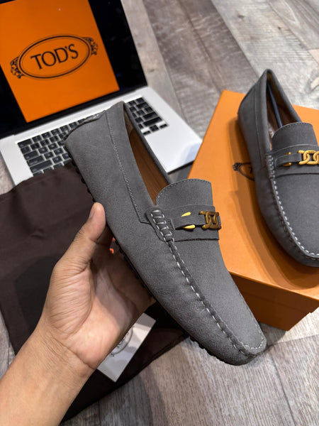Men Luxury Driving Loafers - Grey Suede with Gold Hardware