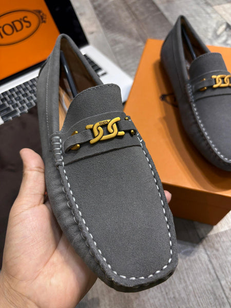Men Luxury Driving Loafers - Grey Suede with Gold Hardware
