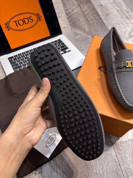 Men Luxury Driving Loafers - Grey Suede with Gold Hardware