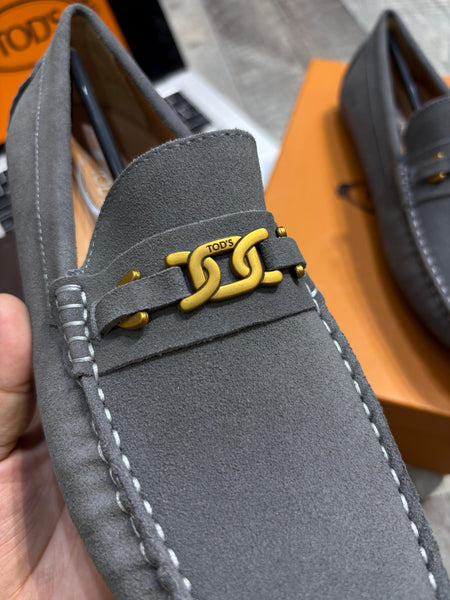 Men Luxury Driving Loafers - Grey Suede with Gold Hardware