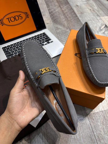 Men Luxury Driving Loafers - Grey Suede with Gold Hardware