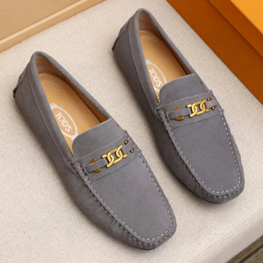 Men Luxury Driving Loafers - Grey Suede with Gold Hardware