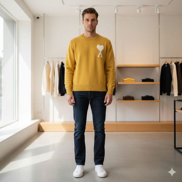 Branded  Crewneck Sweater with Heart Logo  Bold Contemporary Style