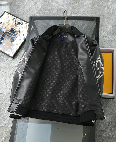 Luxury Black Leather Varsity Jacket with Embroidered Detailing