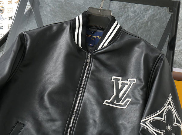 Luxury Black Leather Varsity Jacket with Embroidered Detailing