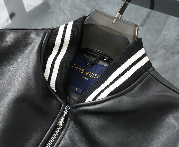 Luxury Black Leather Varsity Jacket with Embroidered Detailing