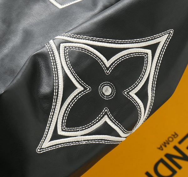 Luxury Black Leather Varsity Jacket with Embroidered Detailing