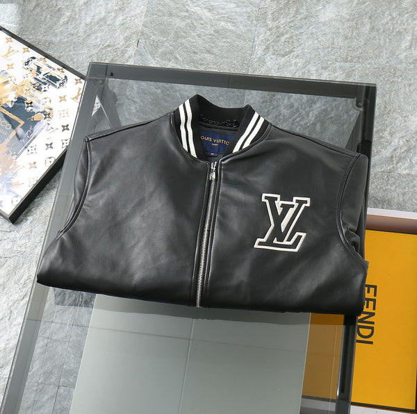 Luxury Black Leather Varsity Jacket with Embroidered Detailing