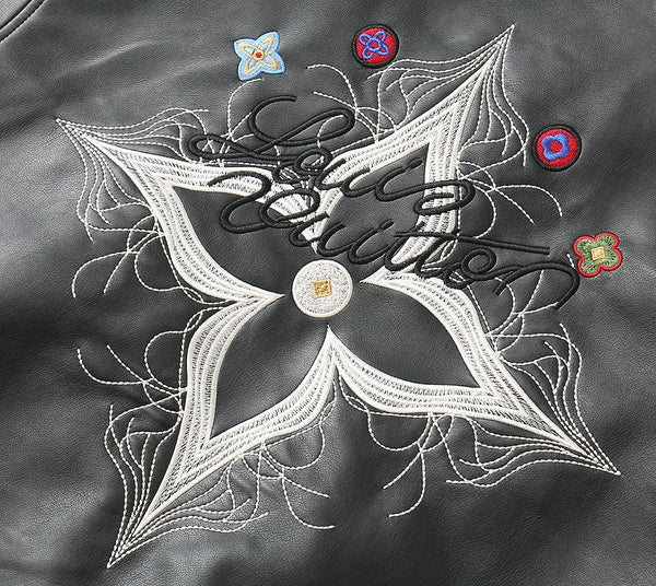 Luxury Black Leather Varsity Jacket with Embroidered Detailing