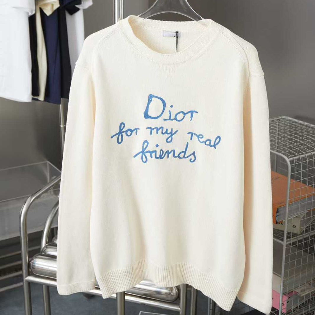 Premium Off-White Knitted Sweatshirt with Blue Embroidered Text