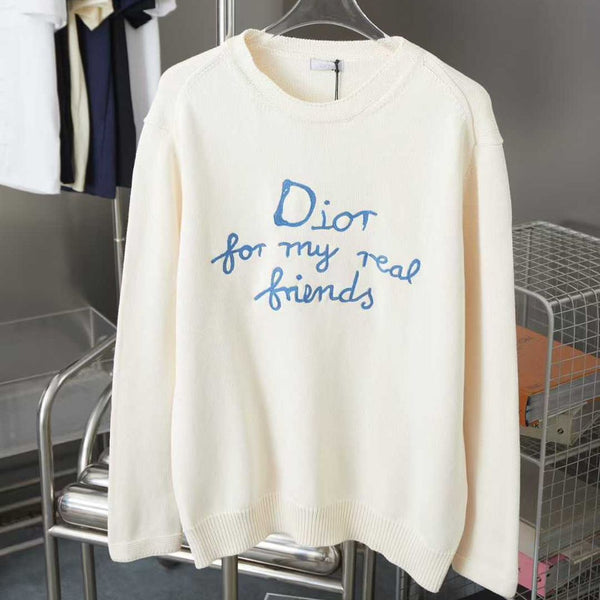 Premium Off-White Knitted Sweatshirt with Blue Embroidered Text