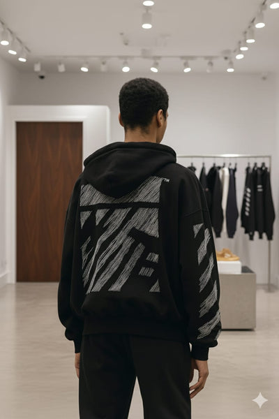 Men Black Graphic Hoodie with Textured Sleeve and Back Design