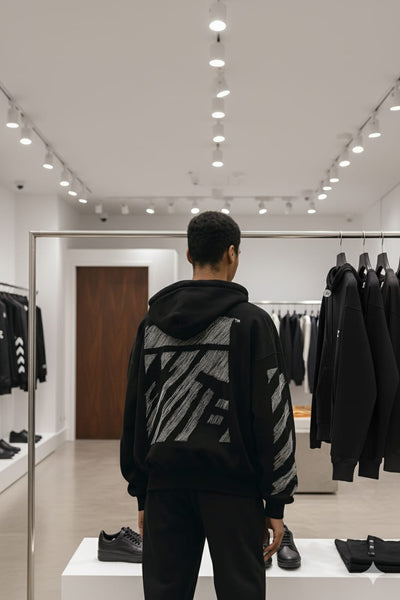 Men Black Graphic Hoodie with Textured Sleeve and Back Design