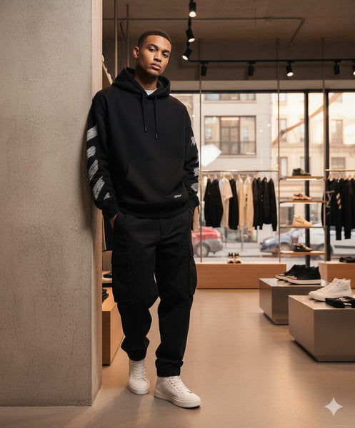 Men Black Graphic Hoodie with Textured Sleeve and Back Design