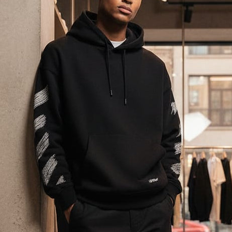 Men Black Graphic Hoodie with Textured Sleeve and Back Design