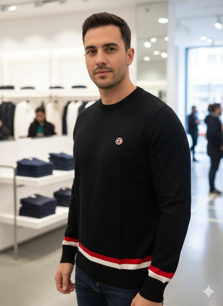 Men Premium Black Crewneck Sweater with Red and White Trim