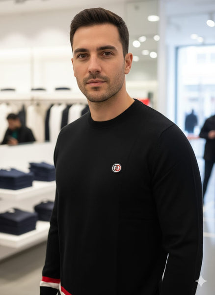 Men Premium Black Crewneck Sweater with Red and White Trim
