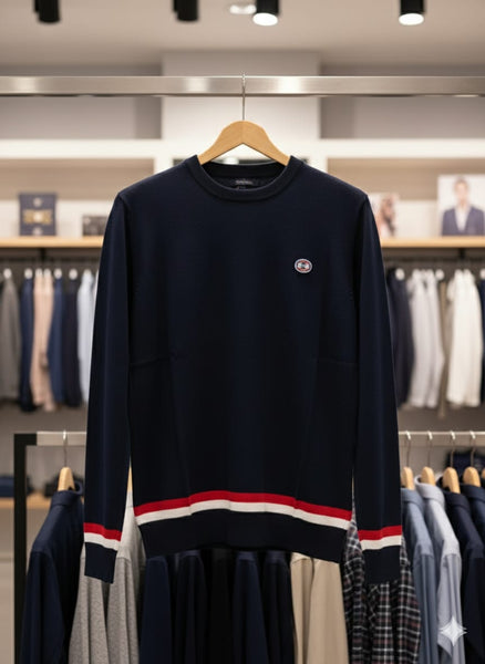 Men Navy Blue Crewneck Sweater with Red and White Trim