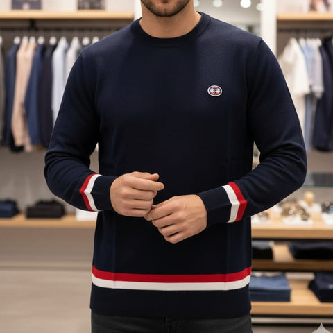 Men Navy Blue Crewneck Sweater with Red and White Trim