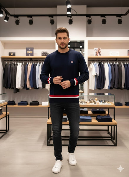 Men Navy Blue Crewneck Sweater with Red and White Trim