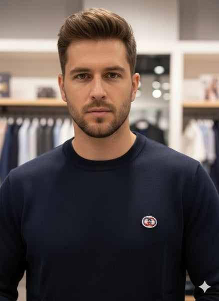 Men Navy Blue Crewneck Sweater with Red and White Trim