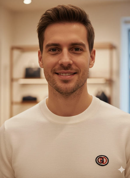 Men White Crewneck Sweater with Red and Black Trim