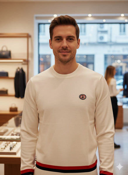 Men White Crewneck Sweater with Red and Black Trim