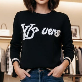 Women Black Pullover with Bold Graphic Design