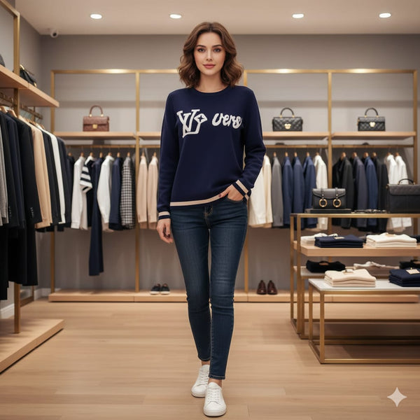 Women Navy Blue Pullover with Bold Graphic Design