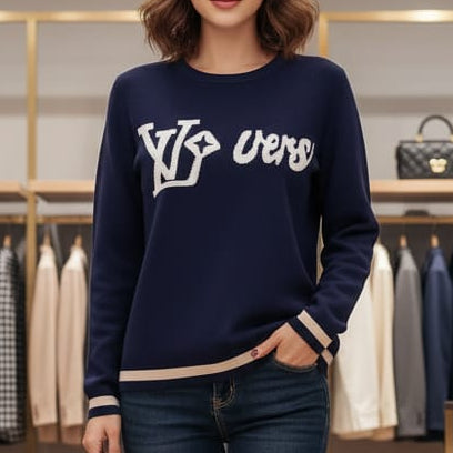 Women Navy Blue Sweatshirt with Bold Graphic Design