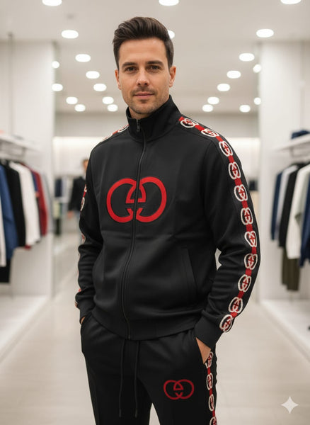 Men Premium Tracksuit – Black with Red Emblem Detailing