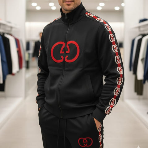 Men Premium Tracksuit – Black with Red Emblem Detailing