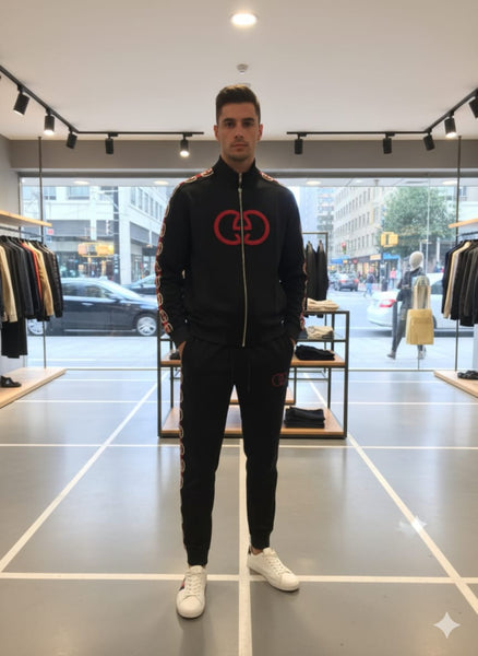 Men Premium Tracksuit – Black with Red Emblem Detailing