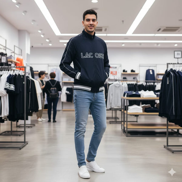 Men Navy Zip-Up Track Jacket – Minimalist Line Design