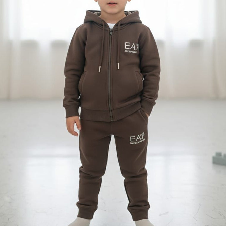 Kids Zip-Up Hoodie and Jogger Set - Brown