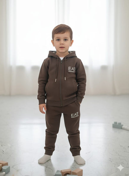 Kids Zip-Up Hoodie and Jogger Set - Brown